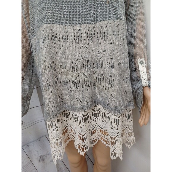 Krazy Kat Gray Ivory Floral 3/4 Puff Sleeve Popover Tunic Top Womens 2X - Picture 2 of 11